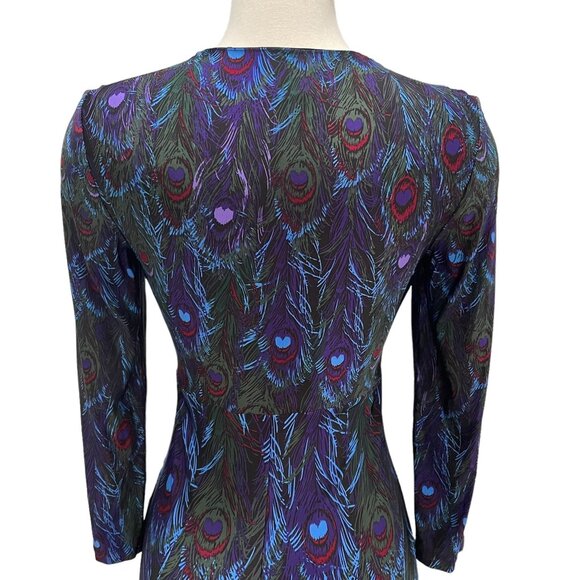 Muse Womens Peacock Feather Print Dress Deep V-Neck Sz 6 Boho Chic Evening Wear - Picture 7 of 11